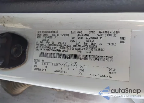 2021 Ford F-150 Xl из США, поврежденный, VIN 1FTFW1E5XMFB69934